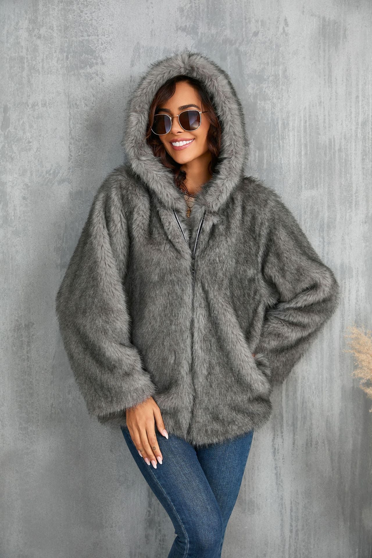 Faux Fur Coat Solid Color Loose Hooded Short Fur Collar Coat Winter Coat Warm Winter Clothing Gray