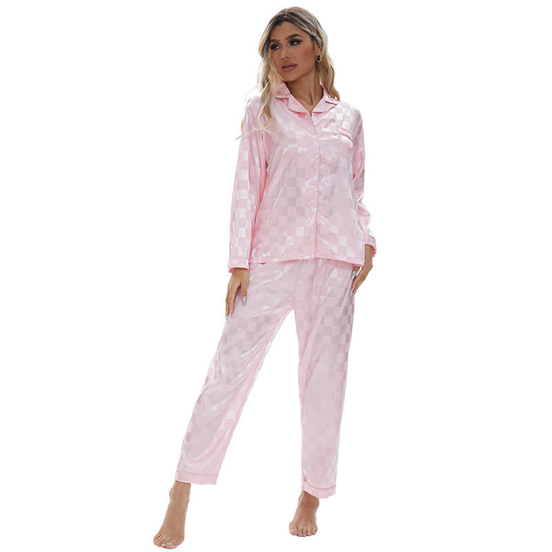 Long Plaid Chessboard Home Wear Pajamas Lady Pajamas Short Sleeve Pink