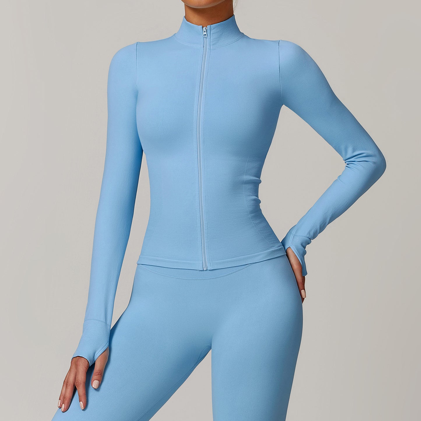 Stand Collar Zipper Yoga Clothes Women Jacket Windproof Slim Fit Warm Top Sports Running Jacket Sky Blue