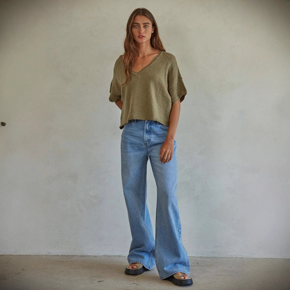 Worn Looking Washed out High Waist Loose Slimming Straight Jeans All Matching Wide Leg Mop Pants Women