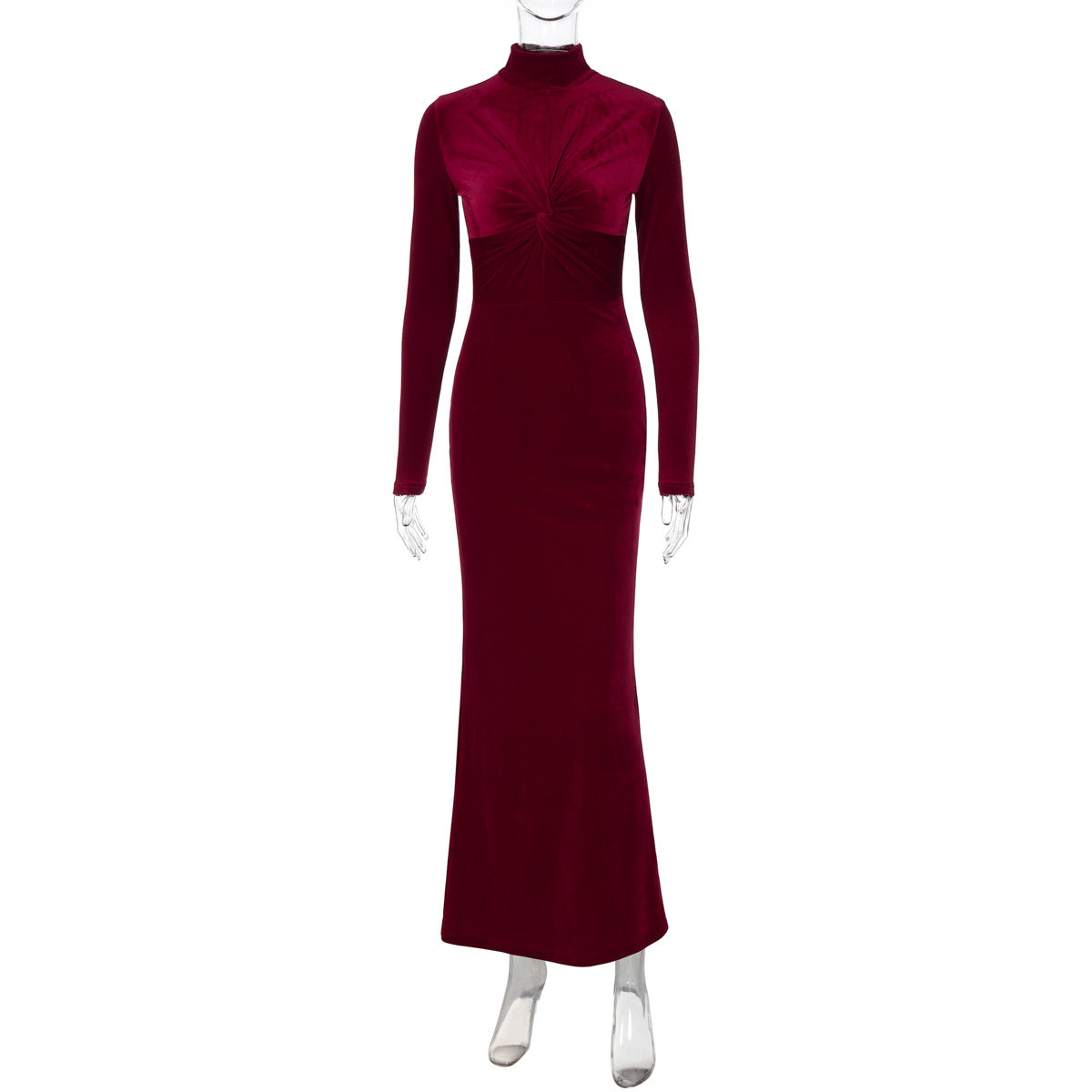 Women Clothing Autumn Winter Slim Solid Color Turtleneck Long Sleeve Dress Women Burgundy