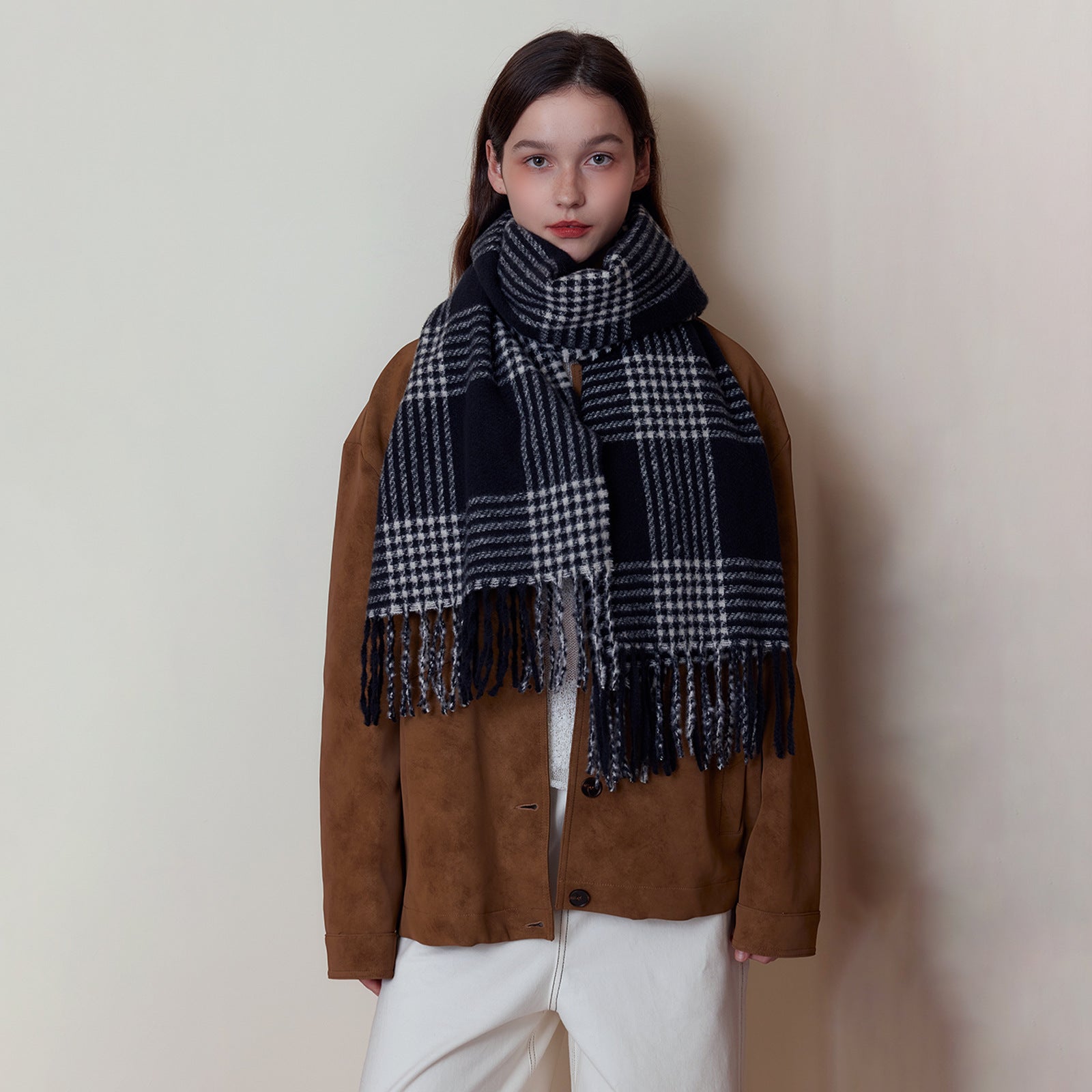 Simple Double Sided Line Grid Soft Scarf Outer Wear Cold Protection in Winter Talma Dual-Use Warm Cashmere Scarf