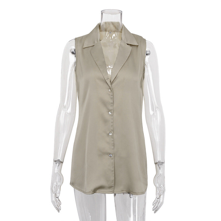 Women Clothing Sleeveless Satin Shirt Mid-Length Top Women Collared Drape Camisole Shirt Khaki