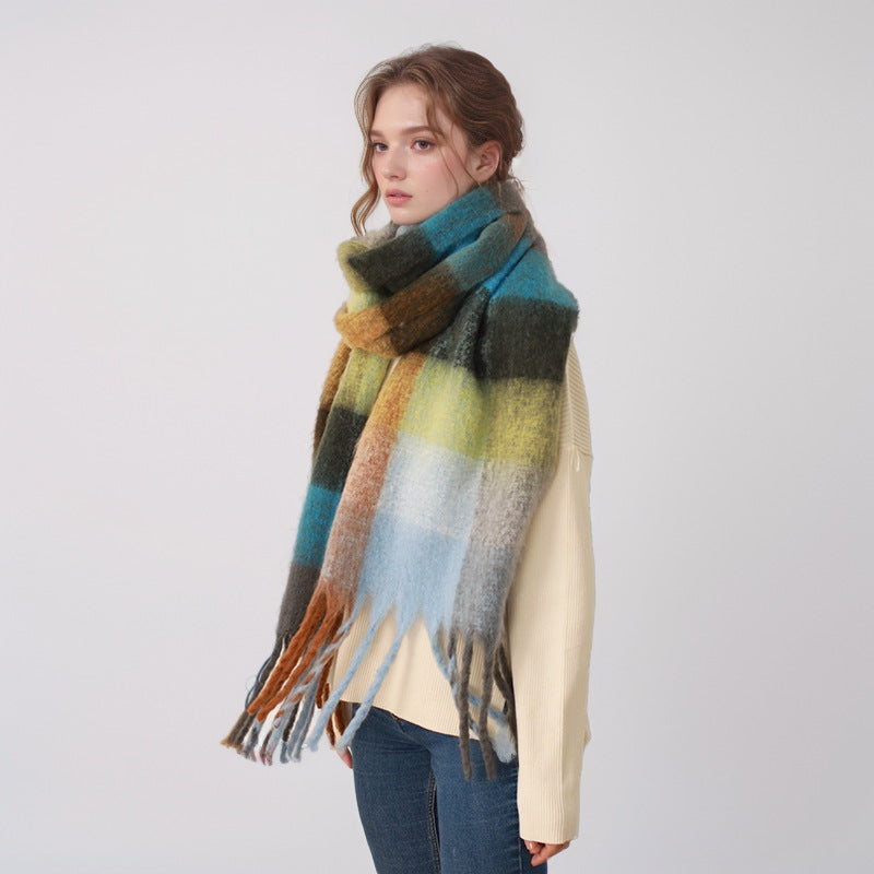 Autumn Winter Mohair Scarf Women Warm Scarf Thickened Cashmere Plaid Scarf