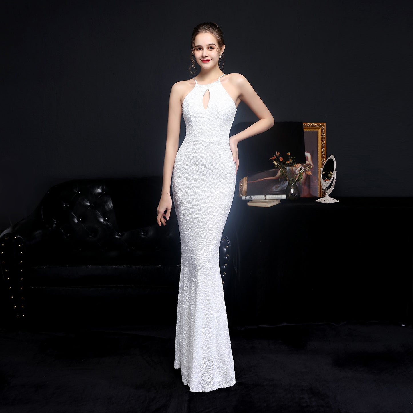 Cocktail Elegant Long Halter Set Diamond Sequined Aura Queen Fishtail Evening Dress White