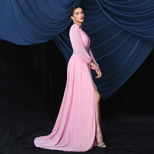 Long Sleeved Elegant V neck Sexy Long Slit Cocktail Evening Dress Bridesmaid Dress Large Swing Dress Women