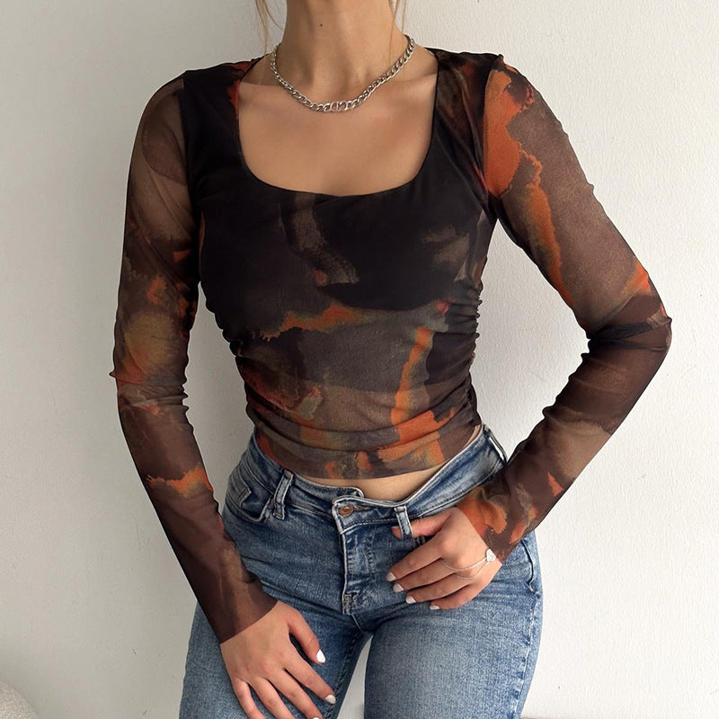 Women Clothing Summer Mesh See through Patchwork Top Square Collar Long Sleeve Base Black Orange Contrast Color