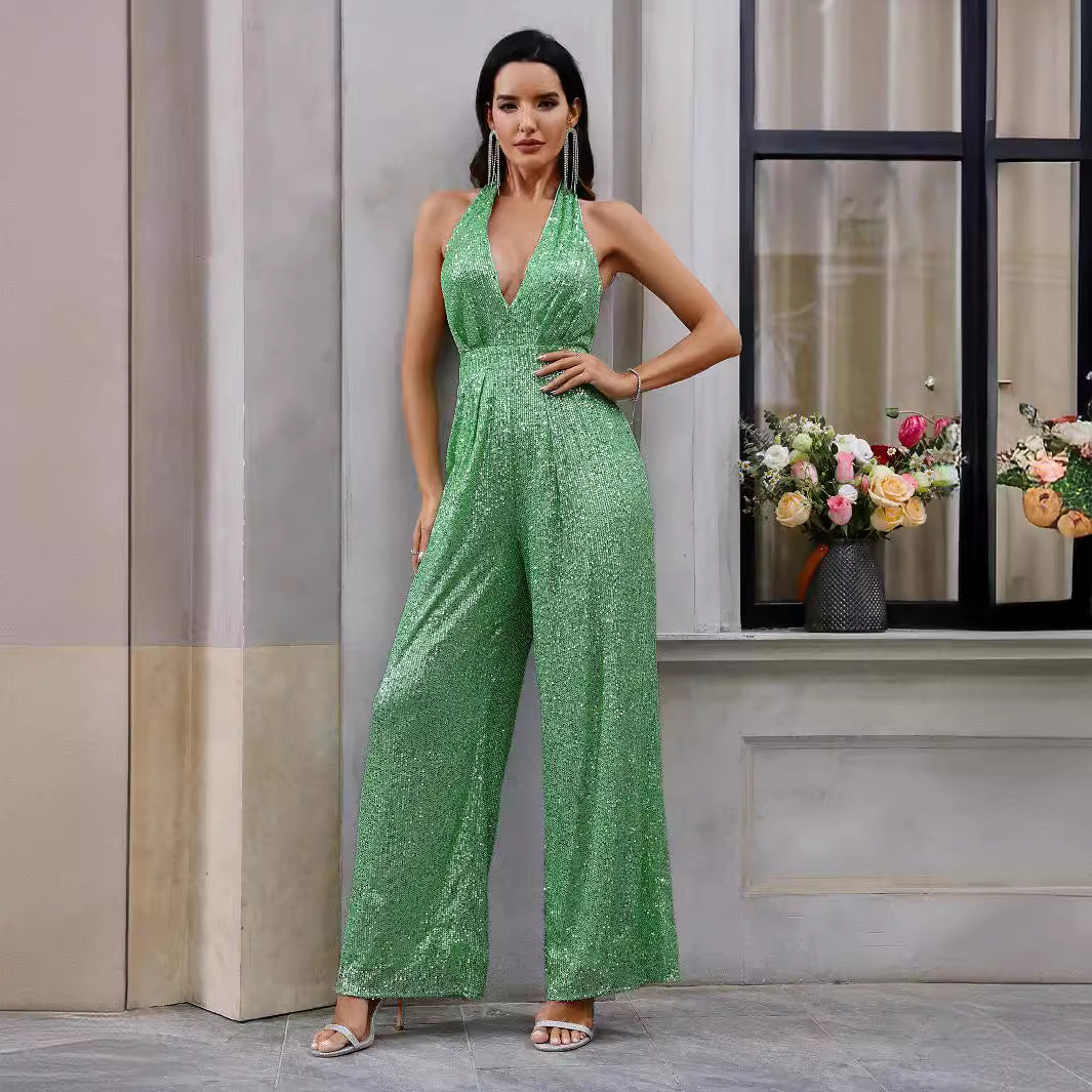 Summer Sexy Elegant Women Clothing V neck Halter Backless Jumpsuit Sequined Trousers