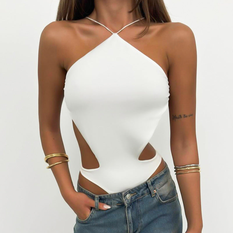 Women Clothing Summer Solid Color Halter Bare Back Hollow Out Cutout Sexy Jumpsuit