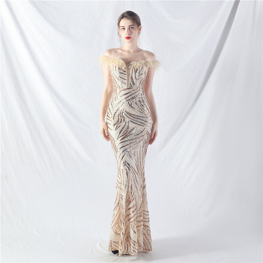 Court Boning Corset Waist Tight Vest Craft Order Ostrich Feather High End Sequined Evening Dress