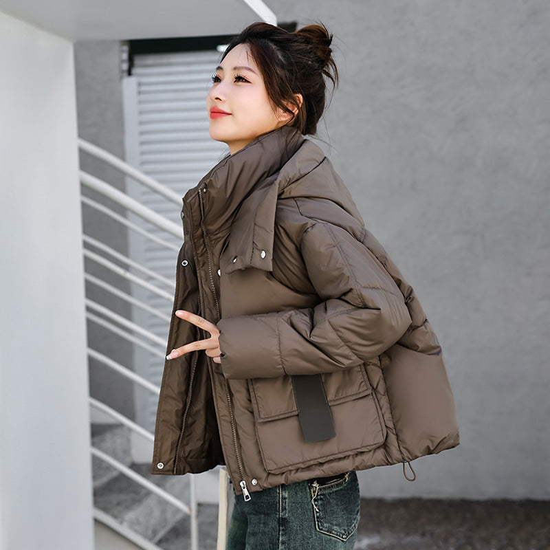 down Cotton Jacket Women Hooded Short Cotton Coat Loose Winter Cotton Padded Jacket Thickened Gray