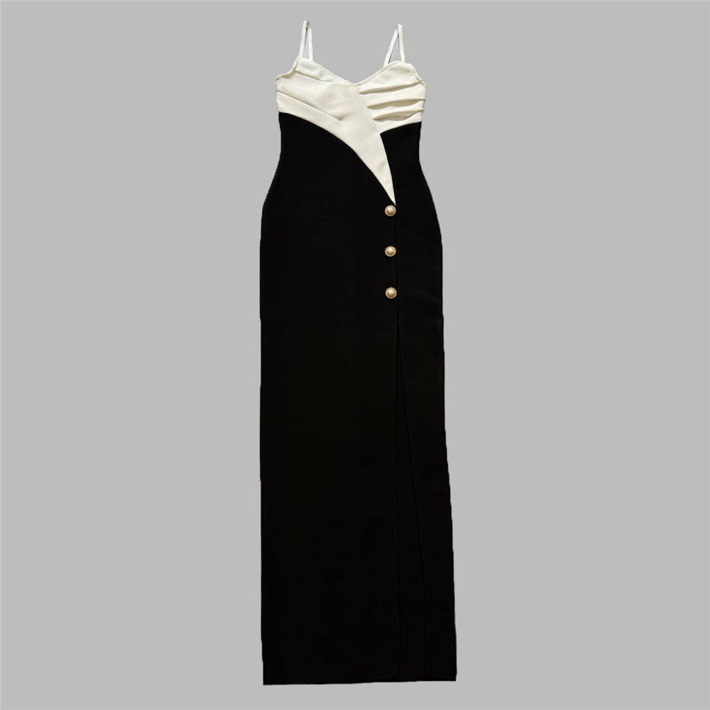 Suspender Black White Contrast Color V neck Buttons Dress Elegant Slim Bandage Dress Black and white