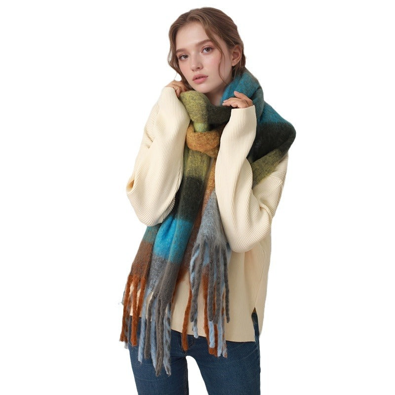 Autumn Winter Mohair Scarf Women Warm Scarf Thickened Cashmere Plaid Scarf