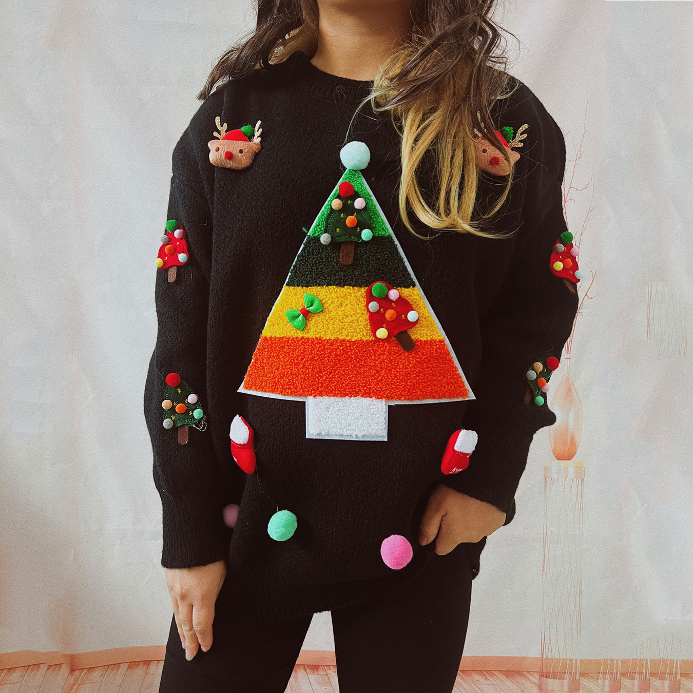 Christmas Sweater Women Autumn Winter Long Sleeve Idle round Neck Pullover Sweater Black