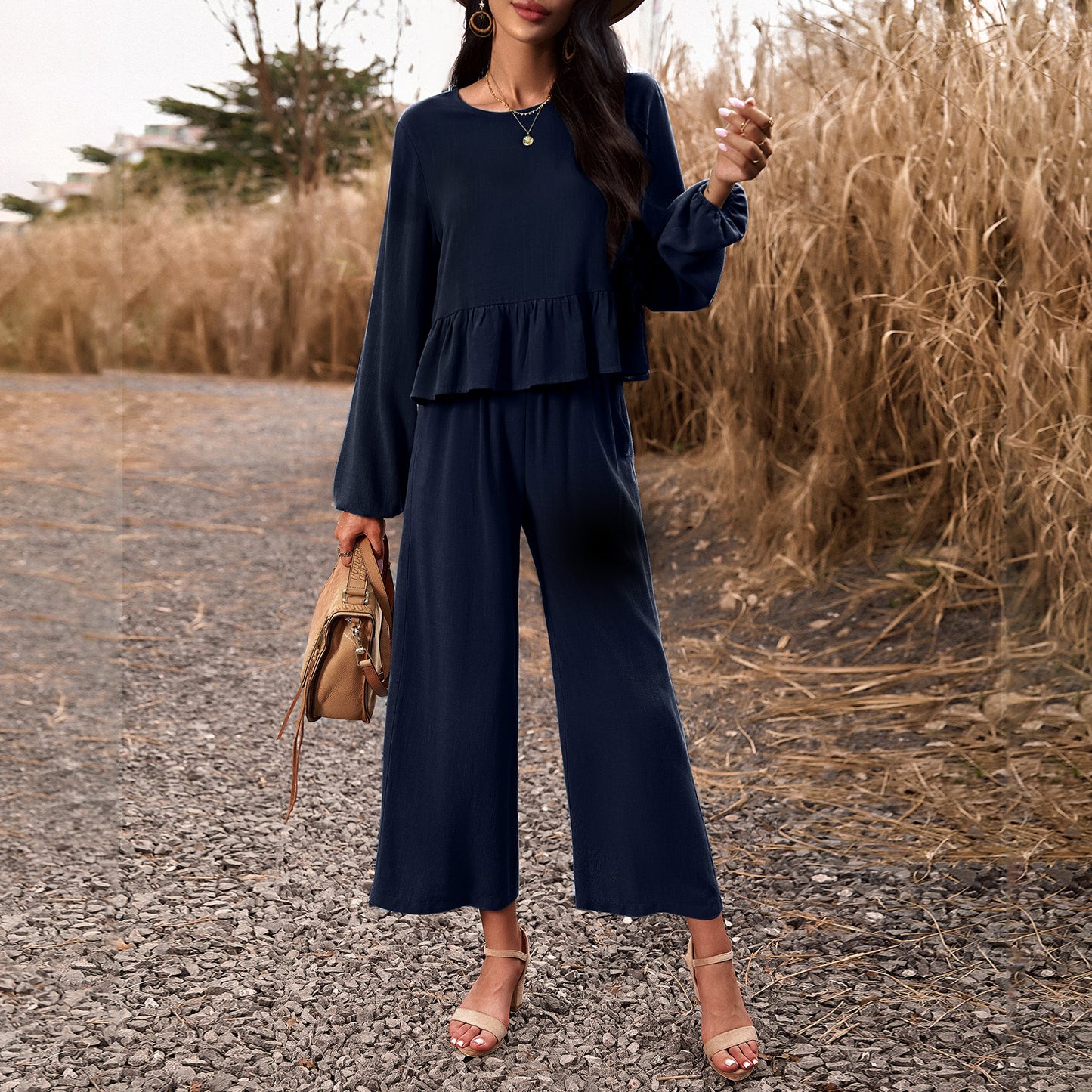 Women Clothing Autumn Winter Casual Suit Solid Color Long Sleeved Top Loose Trousers Purplish Blue