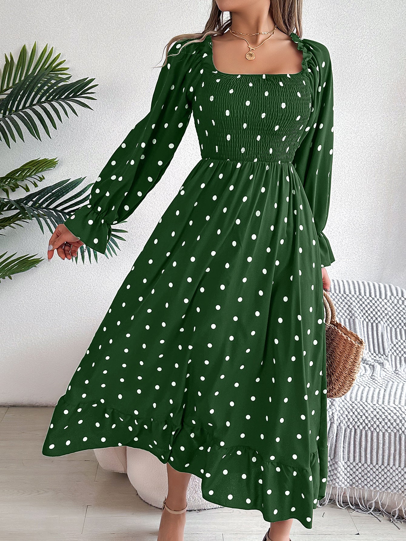 Real Shot Autumn Winter Casual Wooden Ear Square Collar Polka Dot Large Swing Dress Women Green