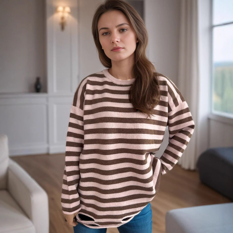 Round Neck Patchwork Stripes Sweater Women Autumn Winter Ripped Casual Loose Knitted Pullover Pink