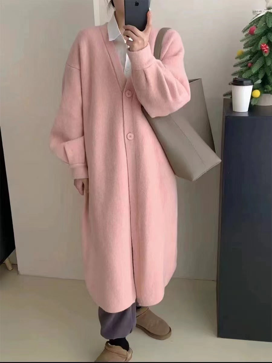 Autumn Winter Gentle Soft Glutinous Knitted Cardigan Women Clothes Solid Color Idle Loose Slimming Mid Length Overknee Coat One Size Pink