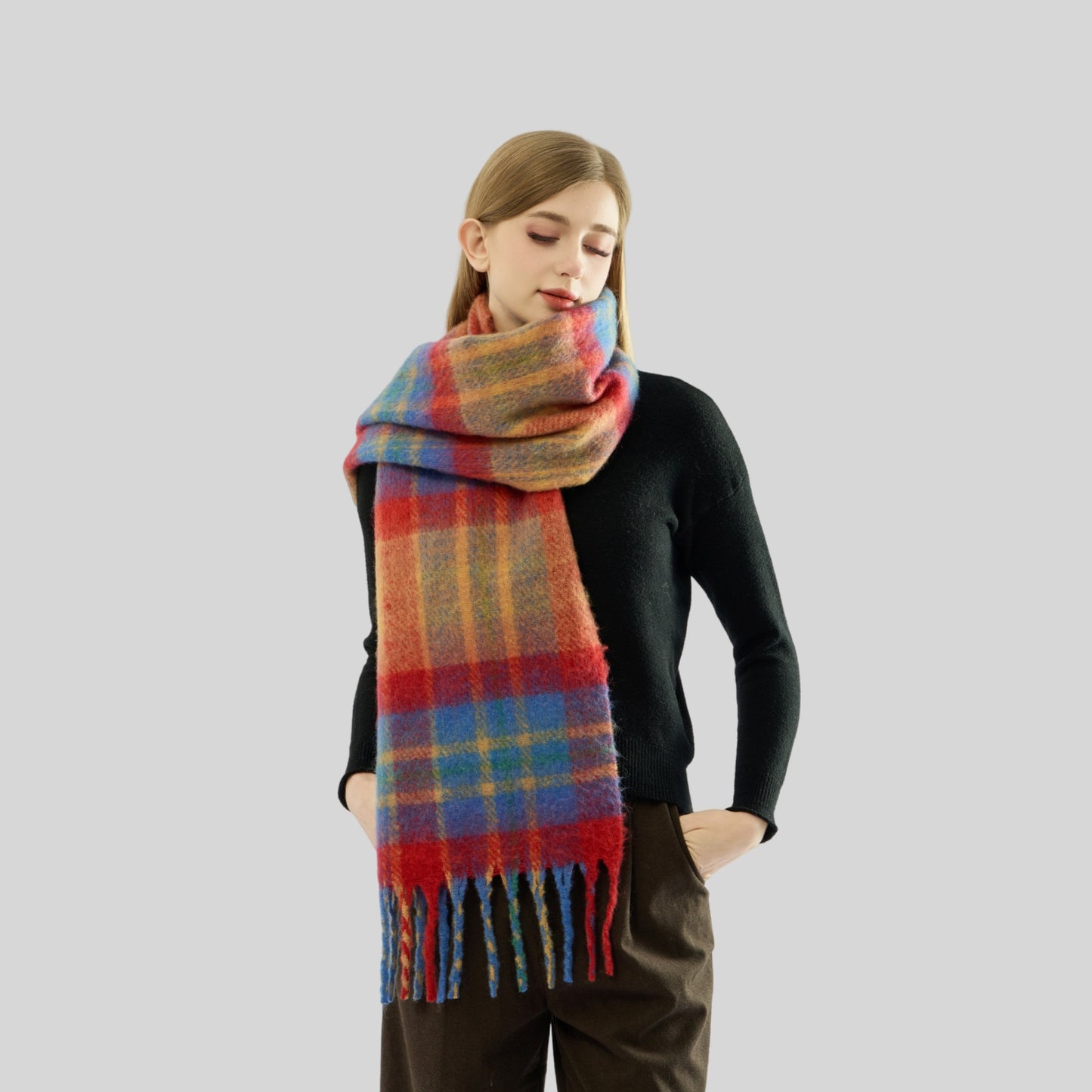 Mohair Rainbow Plaid Tassel Scarf Women Thickened Warm Wool Lengthened Scarf