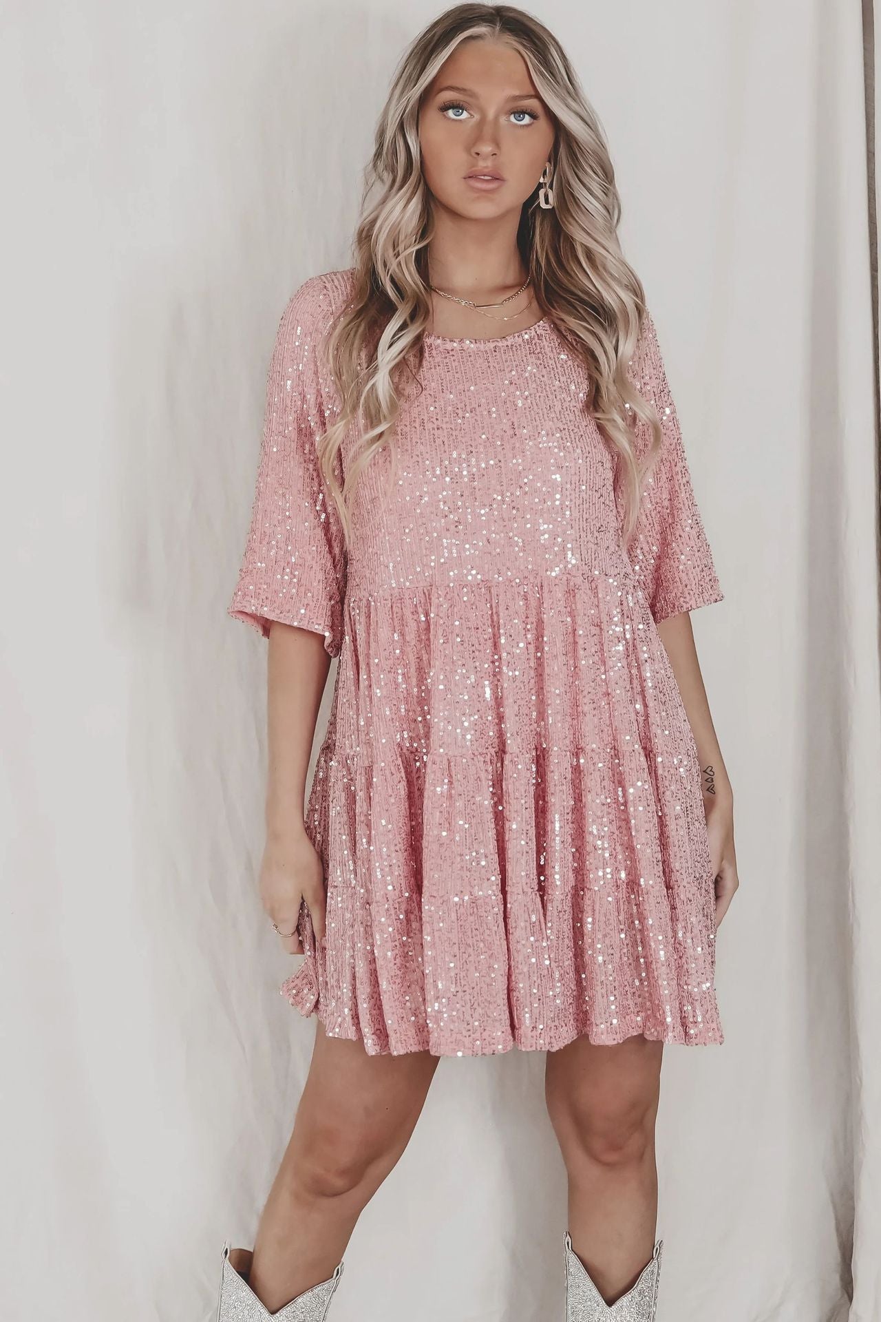 Women Sequined round Neck Short Sleeve Large Swing Cute Dress Women