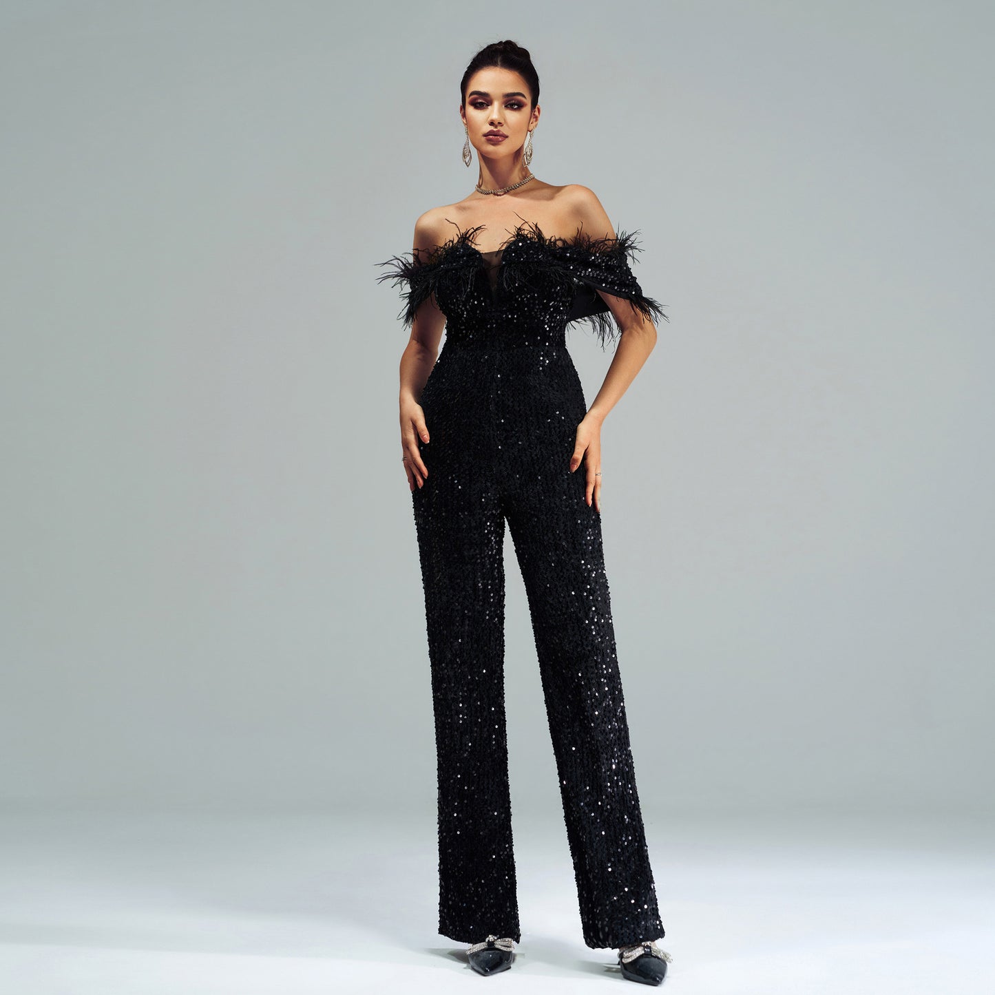 Women Clothing High End Sexy Long off Neck Sequined Cocktail Jumpsuit Evening Dress Bridesmaid Dress Black