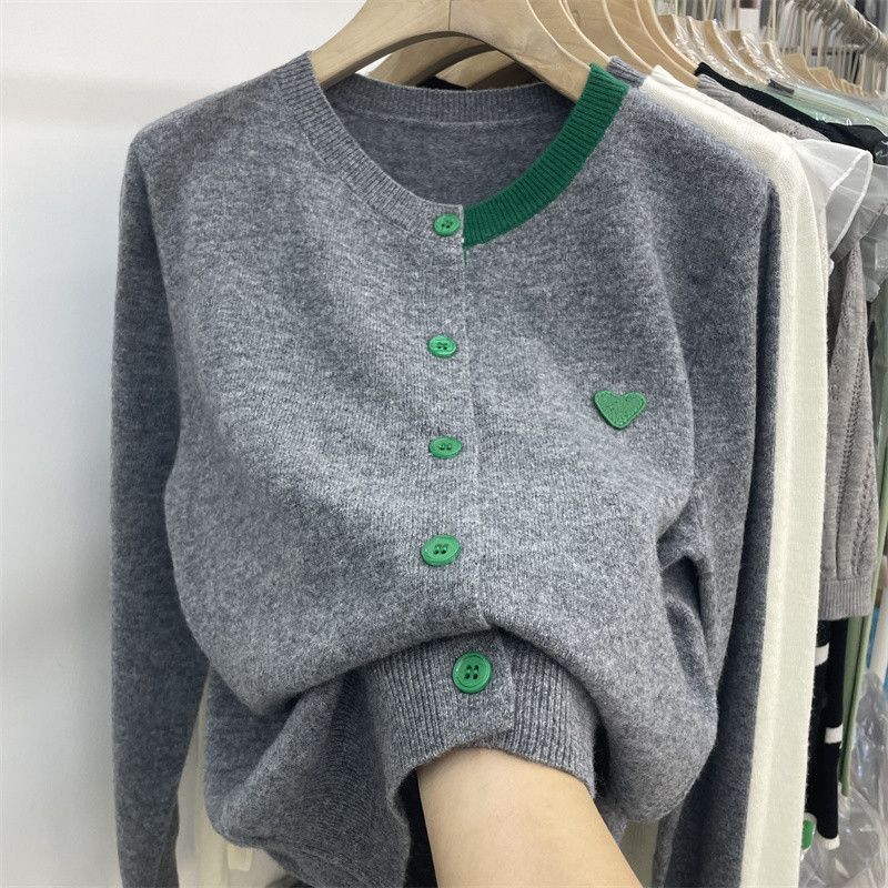 Casual round Neck Contrast Color Sweater Women Coat Autumn Winter Loose Heart Trendy Knitted Cardigan