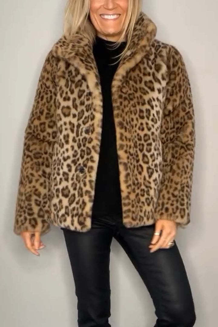 Fall Winter Leopard Print Plush Mid Length Coat Khaki Short