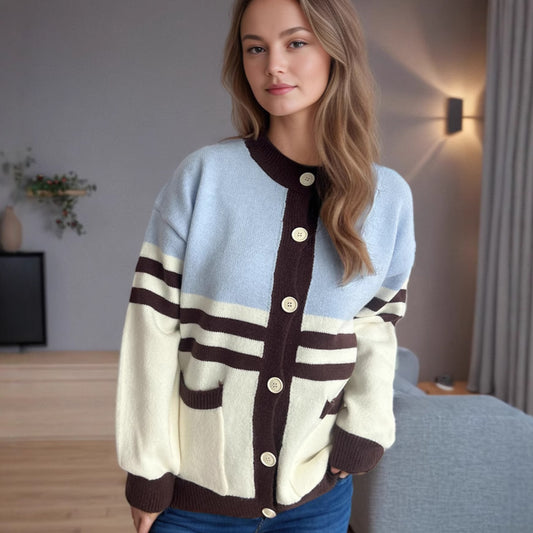 Casual Multicolor Striped Knitted Cardigan for Women Autumn Winter Loose Sweater Women Coat