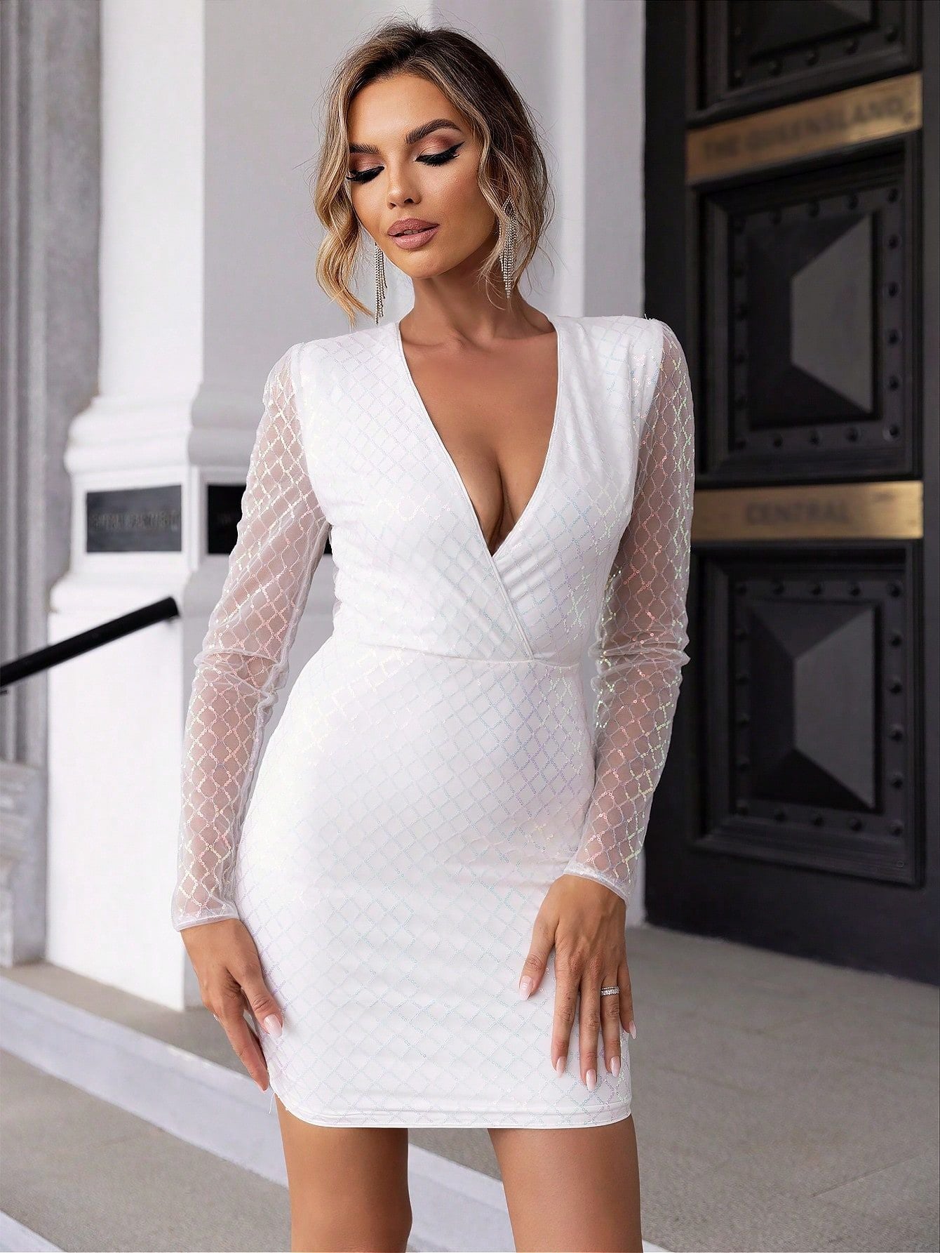 Women Sexy Plush Collar Bright Piece Mesh Tight Dress