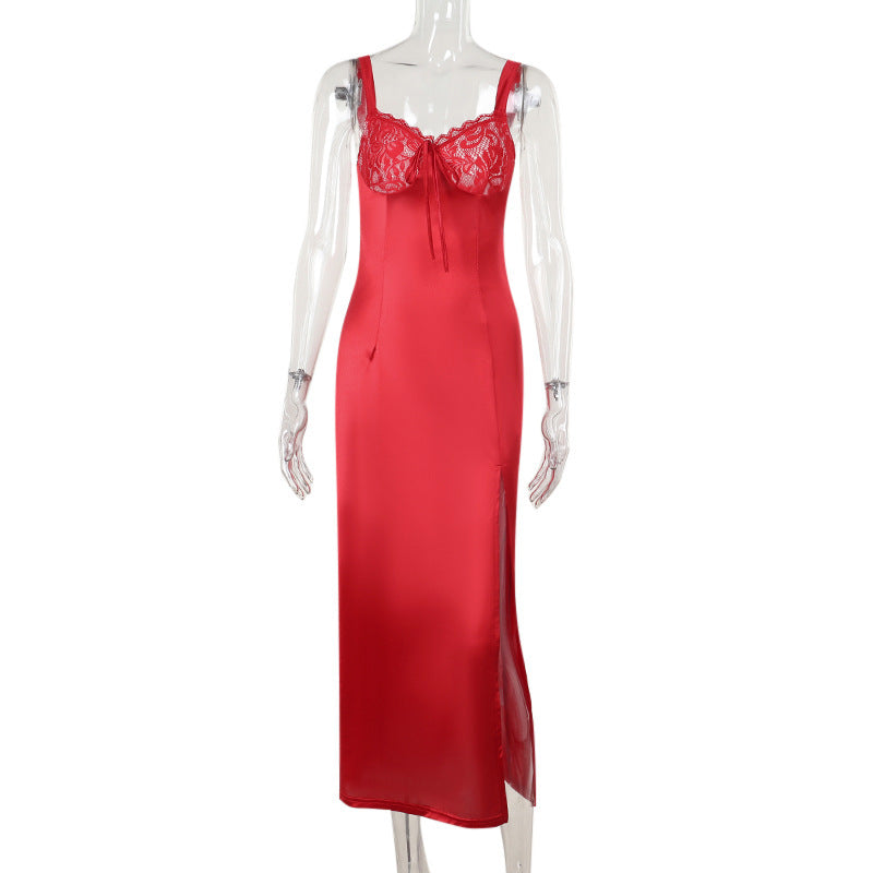 Maxi Dress Socialite Elegant Sexy Slim Satin Split Sling Dress Red