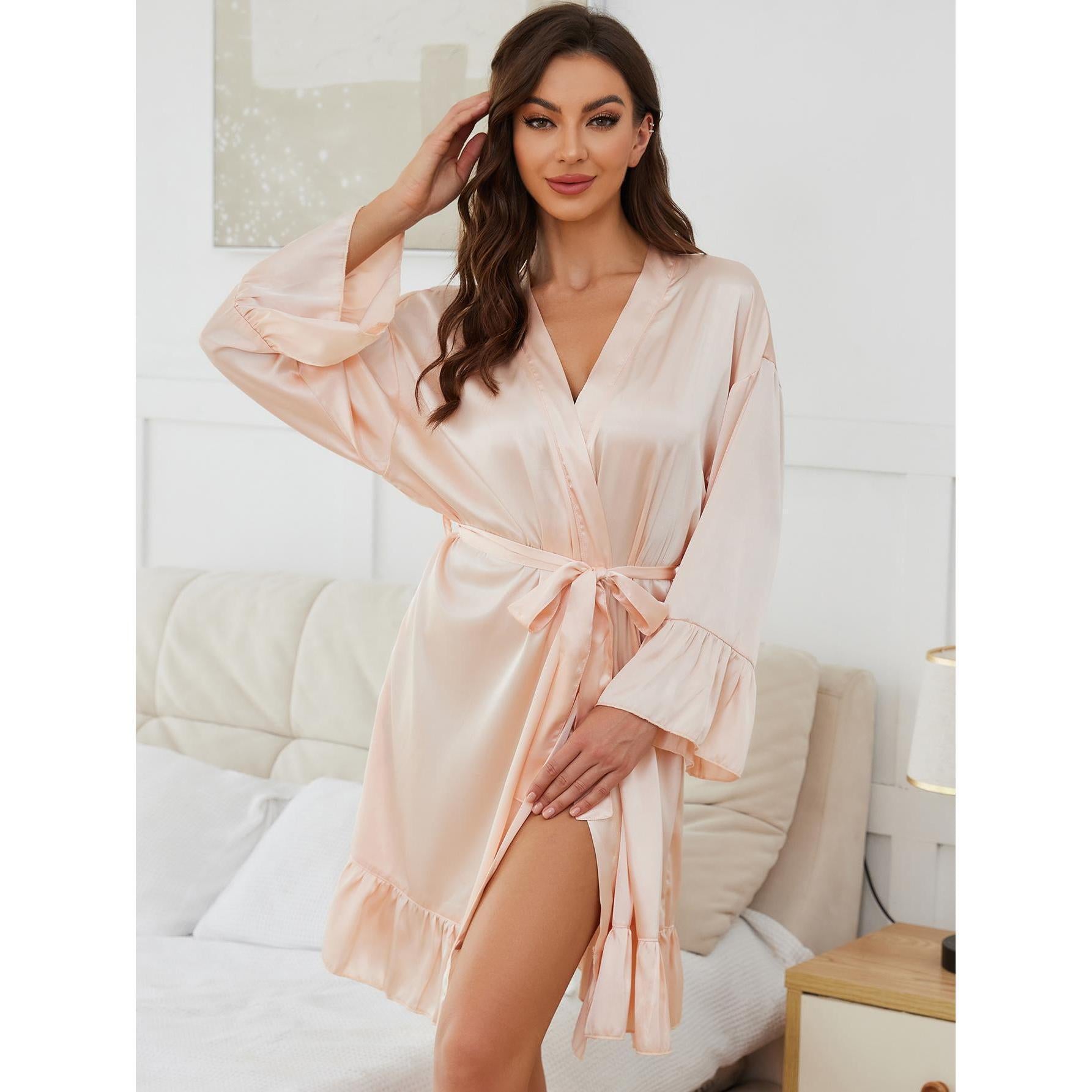 Sexy Long Sleeve Pajamas Women Artificial Silk Silk Lace up Nightgown Ruffled Home Nightdress