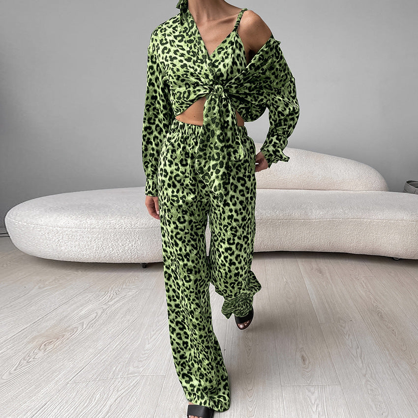 Autumn Leopard Print Underwear Trousers Long Sleeve Three Piece Suit Pajamas Women Loose Home Wear