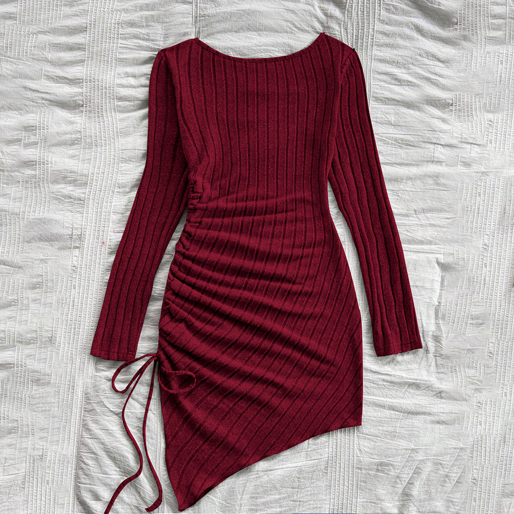 Women Clothing Simple Pure Dress Autumn Winter All Matching Sheath Wine Red Dress