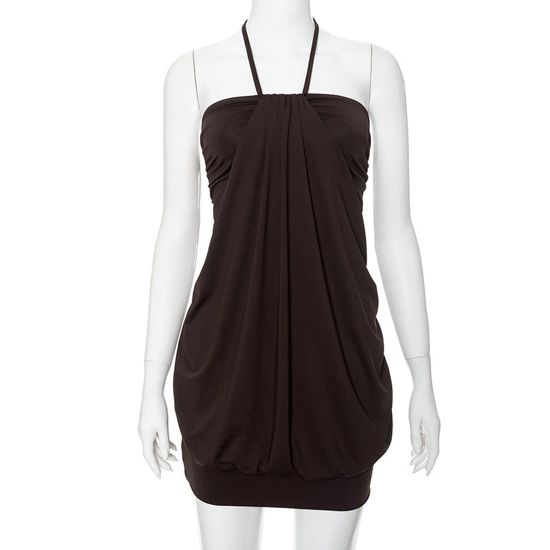 Women Clothing Summer Solid Color Halter Tube Top High Waist Dress Brown