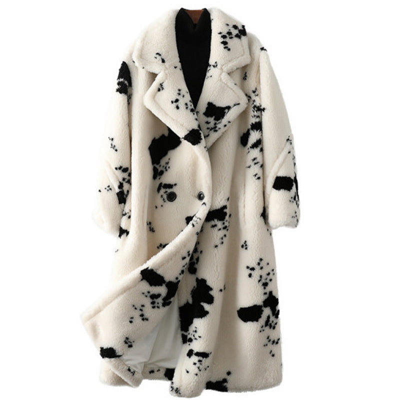 Women Winter Warm Wool Faux Fur Coat Chenille Coat Loose Long Printed Casual Trench Coat White and black printing