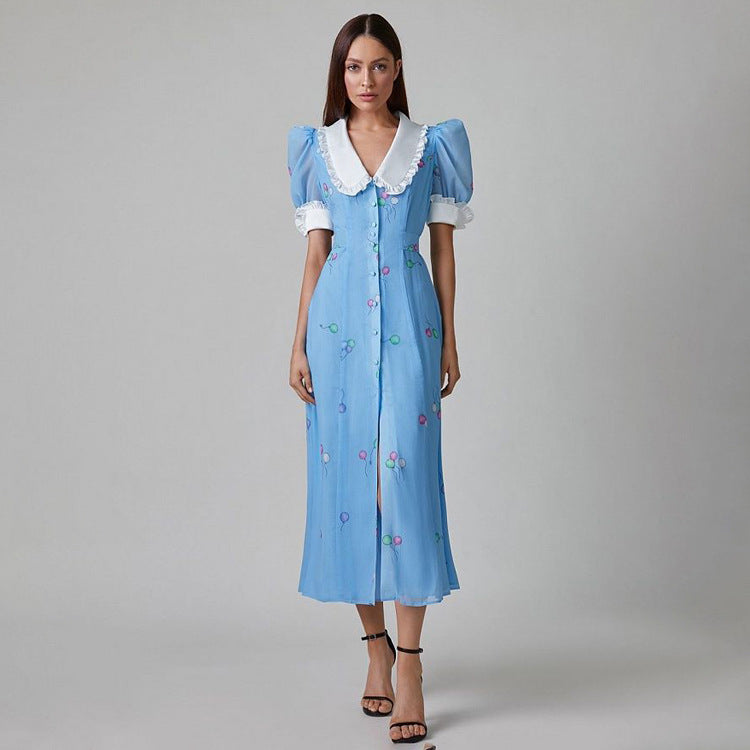 Summer Women Clothing French Printed Dress Peter Pan Collar Short Sleeve Waist Slimming Maxi Dress Blue