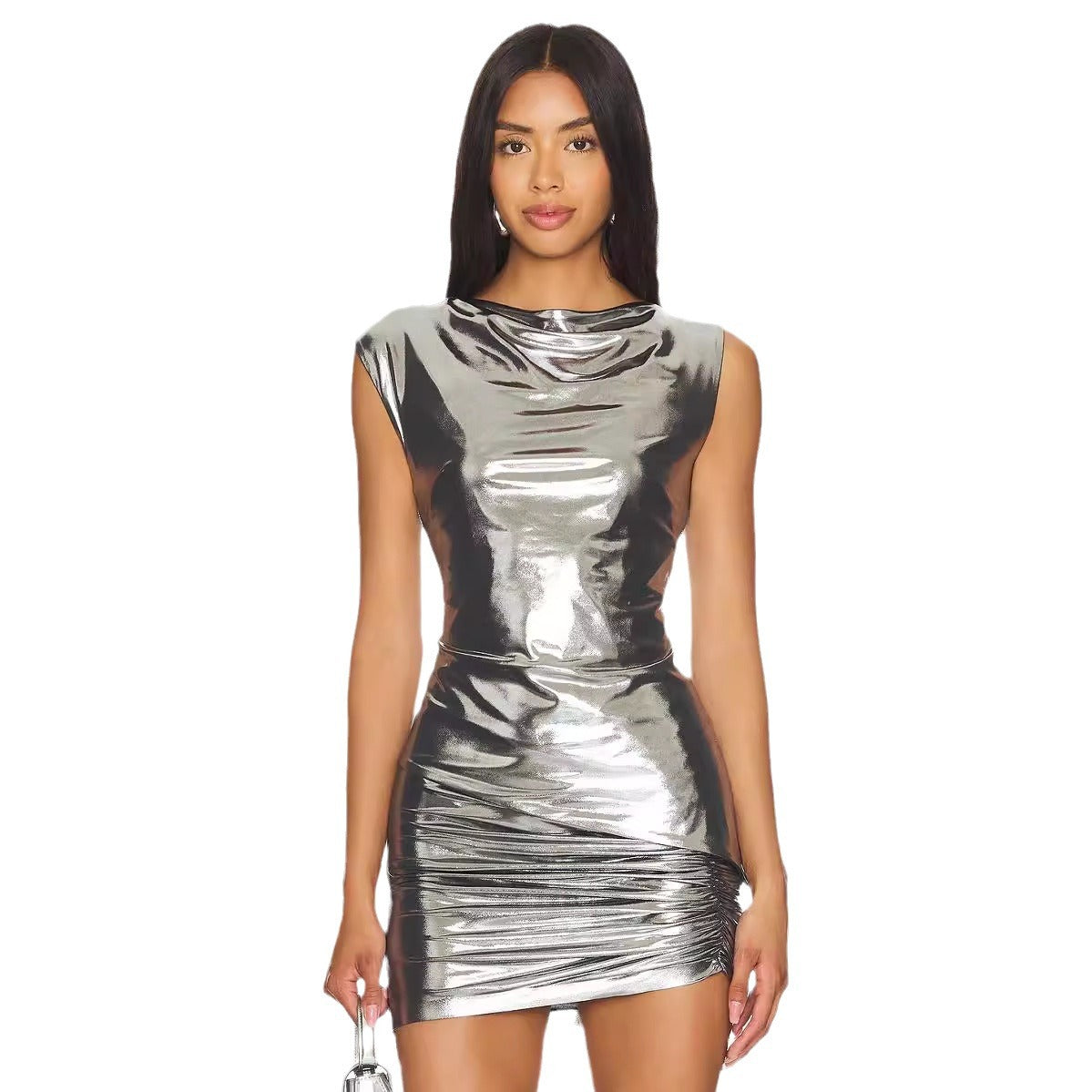 Sexy Shiny Silver Sleeveless Slim Hip Nightclub Party Two Piece Skirt Sets for Women