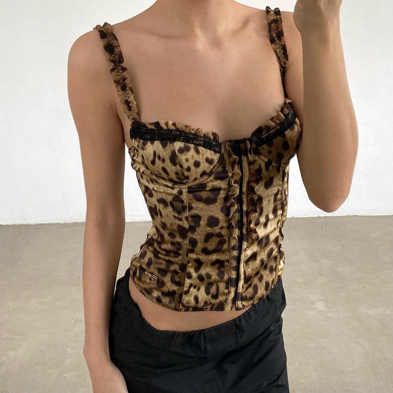 Retro Sexy Leopard Print Lace Pleated Sling Drawstring Slim Fit Top Wooden Ear Contrast Color Slim Fit All Match Vest