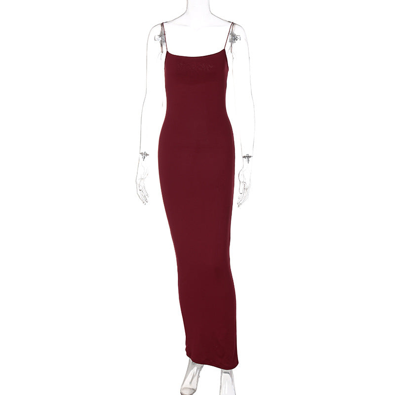 Women Clothing Autumn Sexy Sling Maxi Dress Slim Dress for Women Burgundy