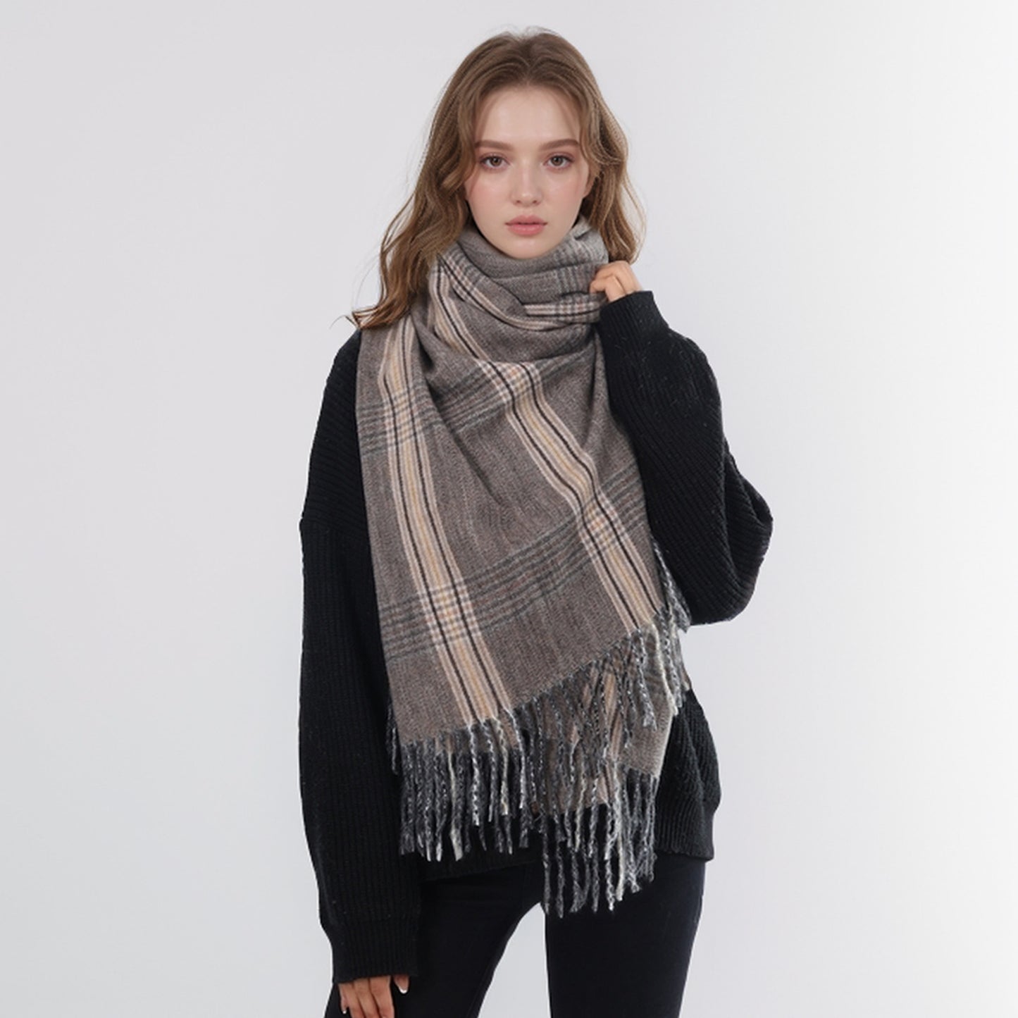 Autumn Winter Thin Barbed Fringe Plaid Scarf Women High Sense Scarf Shawl Vintage Scarf