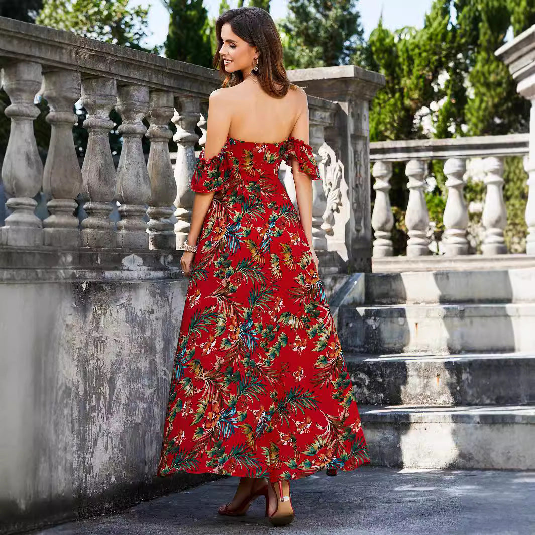 Summer Women Clothing Printed Hollow Out Cutout out Tied Dress Tube Top Sexy Elegant Backless Dress