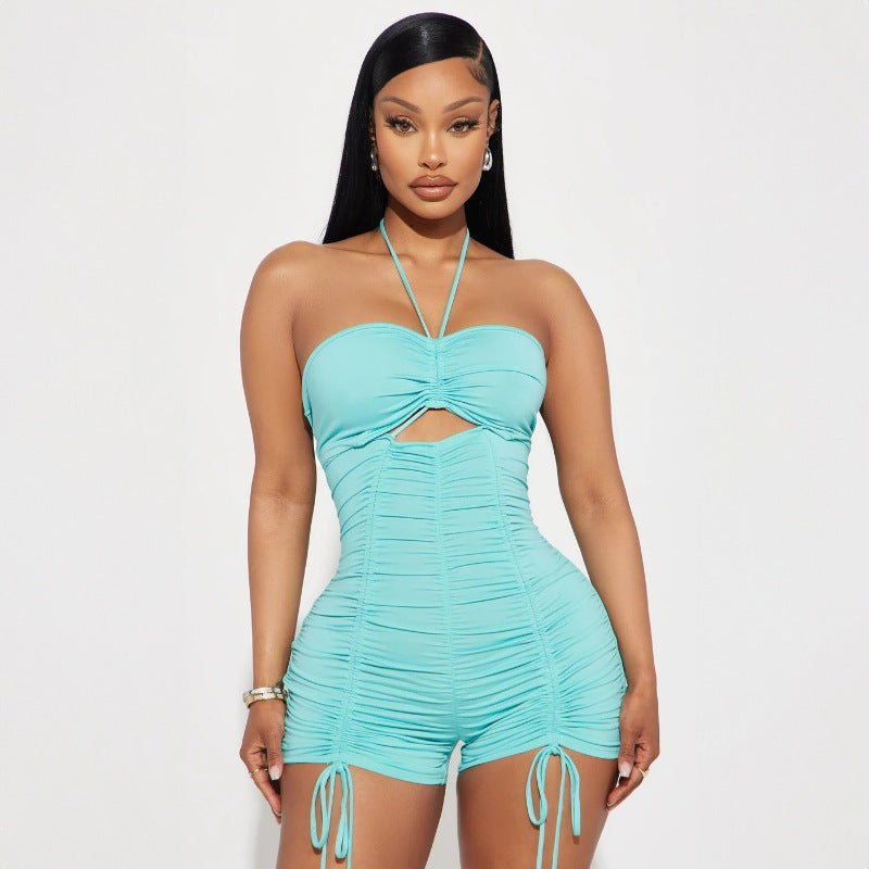 Summer Hollow Out Cutout out Tied Halter Drawstring Shorts Jumpsuit Women Clothing skyblue