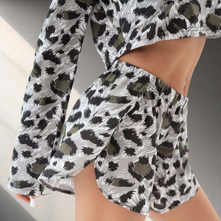 Leopard Print Short Long Sleeve Shorts Pajamas Two Piece Breathable Casual Comfortable Home Wear