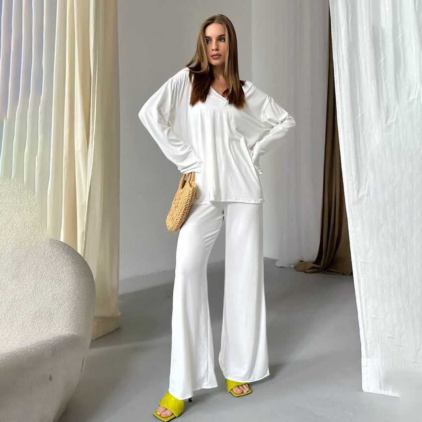 Autumn White Knitted Pajamas Loose Comfortable Long Sleeve Trousers Women Homewear White