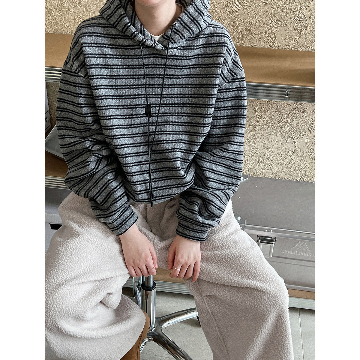 Classic Contrast Color Striped Hooded Sweater Women's Winter Fleece-lined Thickened Casual Top