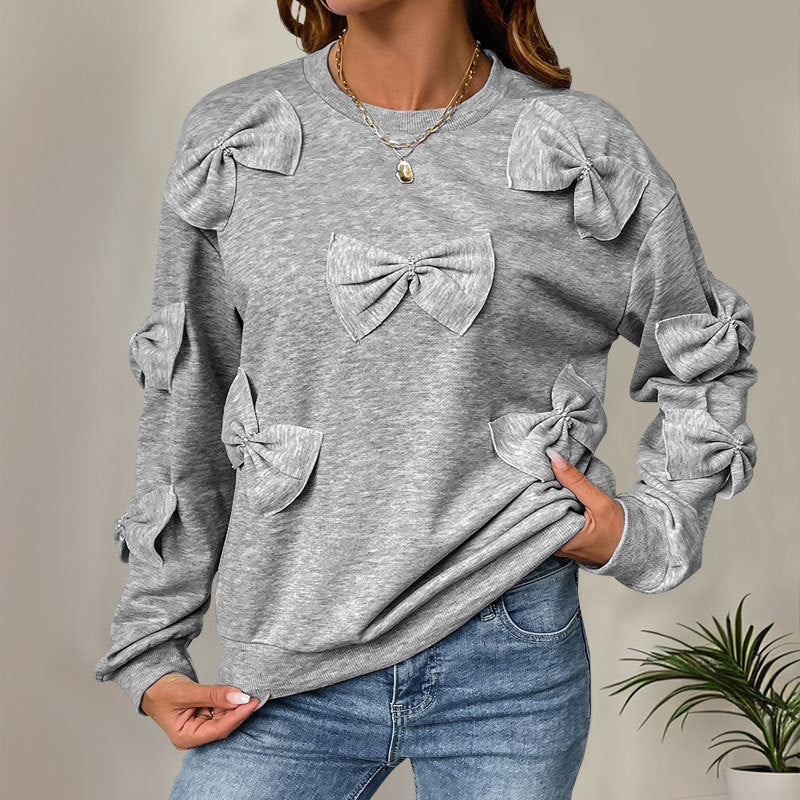 Casual Autumn Bow Stitching Gray round Collar Sweater