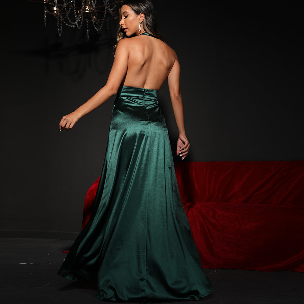 Green V neck Halter Backless High Waist High Slit Faux Two Piece Evening Maxi Dress