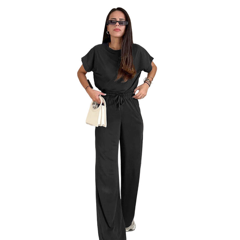 Spring Summer Solid Color Round Neck Short Sleeve Women Top Casual High Waist Wide Leg Pants Suit Black