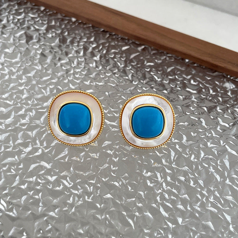 Square Natural Shell Turquoise Stud Earrings Simple Retro High Sense Special Interest Light Luxury Middle Ancient Earrings