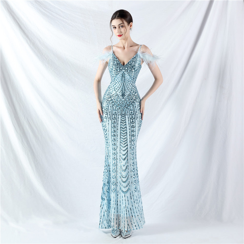 Positioning Floral Sequin Craft Order Ostrich Hair High End Evening Dress Sky Blue